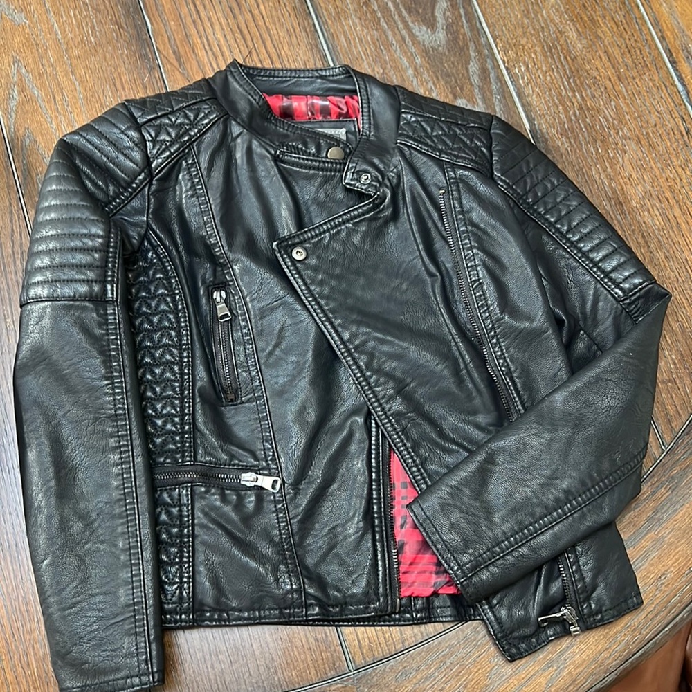 Girls Faux Black Leather Biker Jacket M 8
